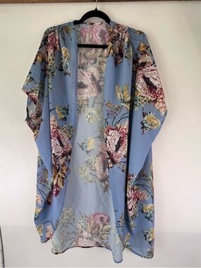Blue Floral Sheer Kimono Cover-Up Duster Large Boho Cottage Hippie Gypsy Beach